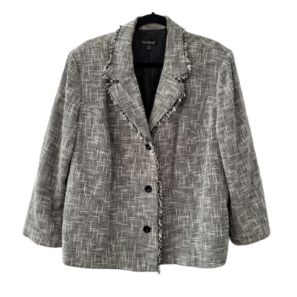 Grey Blazer Tweed Style Log Sleeve Fringed Lapel Cotton Size 20